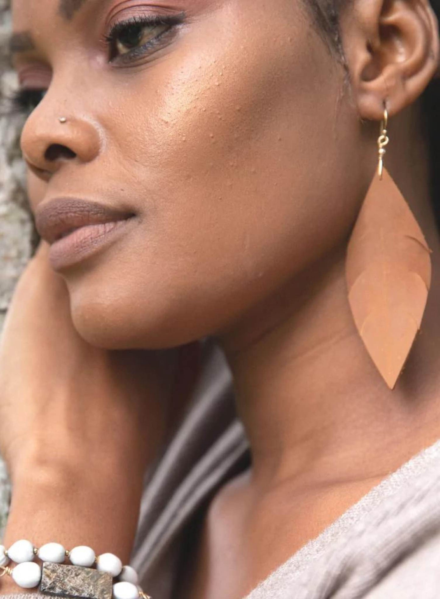 14 Karat Gold Leather Feather Earrings