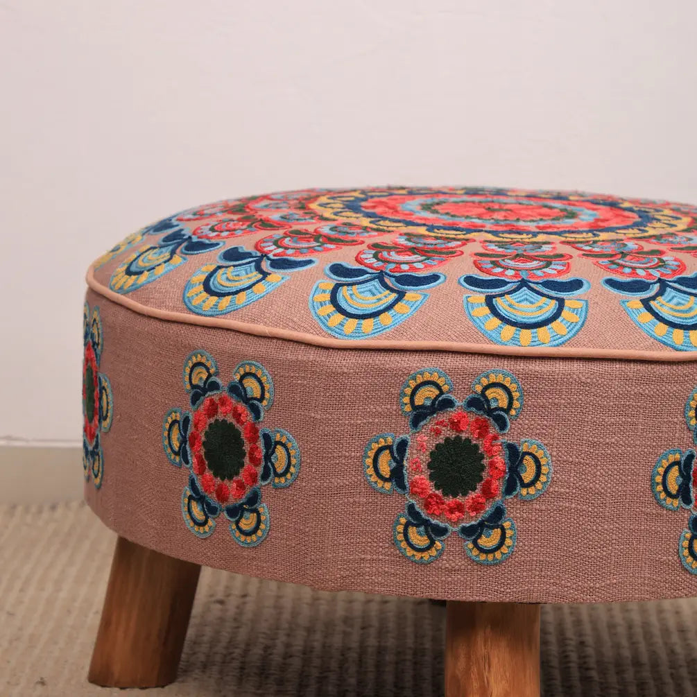 Mandala Slub Ottoman | 24x24x15"| Beige Cotton Fabric