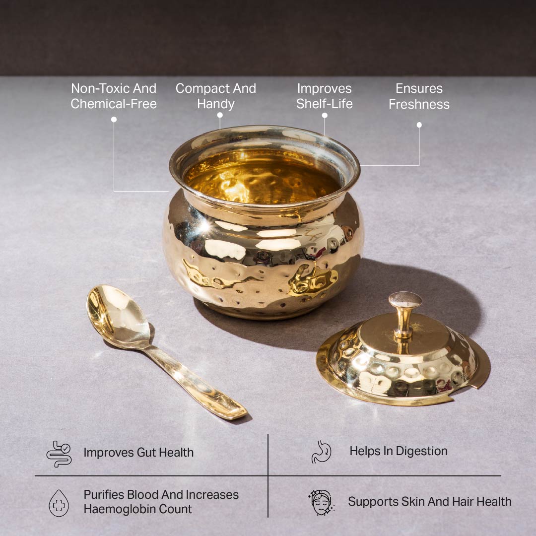 Brass Essentials Combo Set (Brass Roti Tawa with Insulated handle, Brass Ghee Pot, Brass Kadhai with Insulated handles & Glass lid)