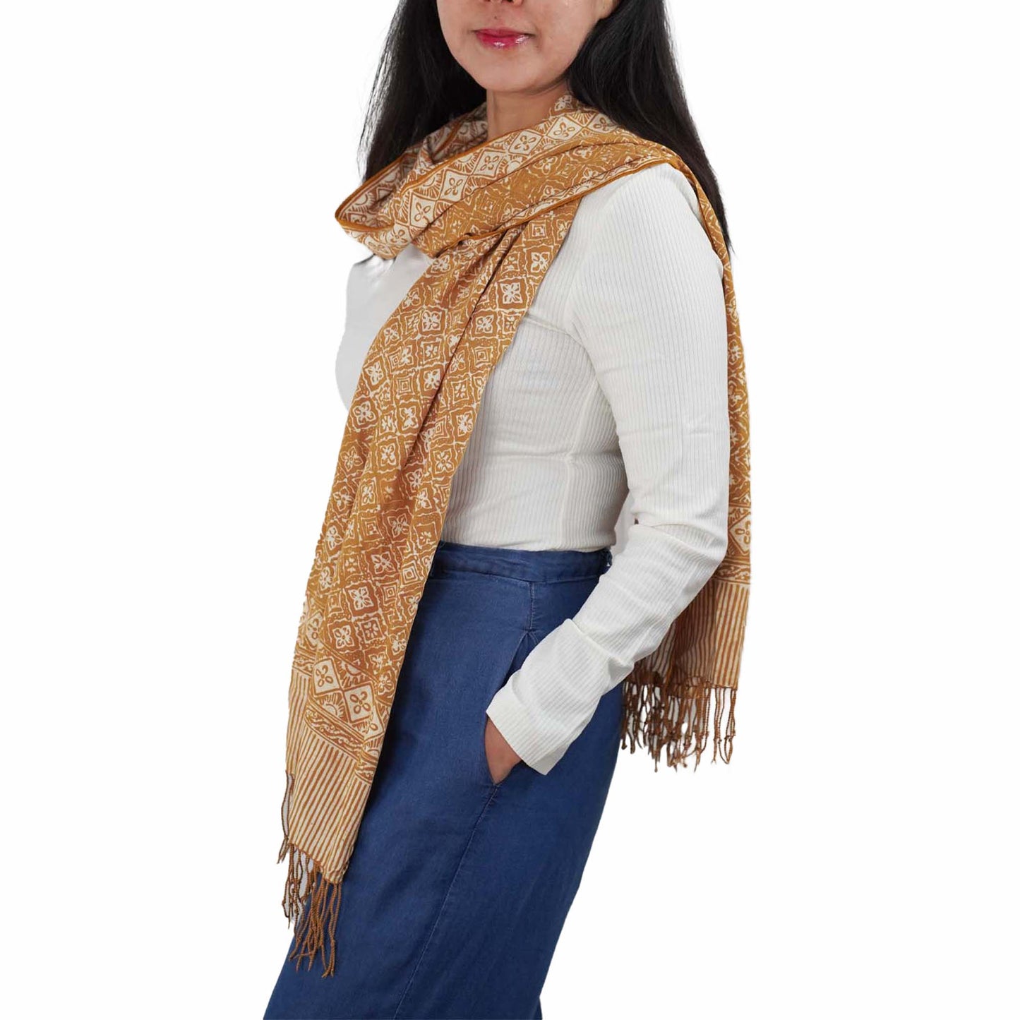 Handmade Batik Scarf, Soft Cotton, Frangipani, Kamboja, Yellow, Brown, Cream, Fall, Autumn