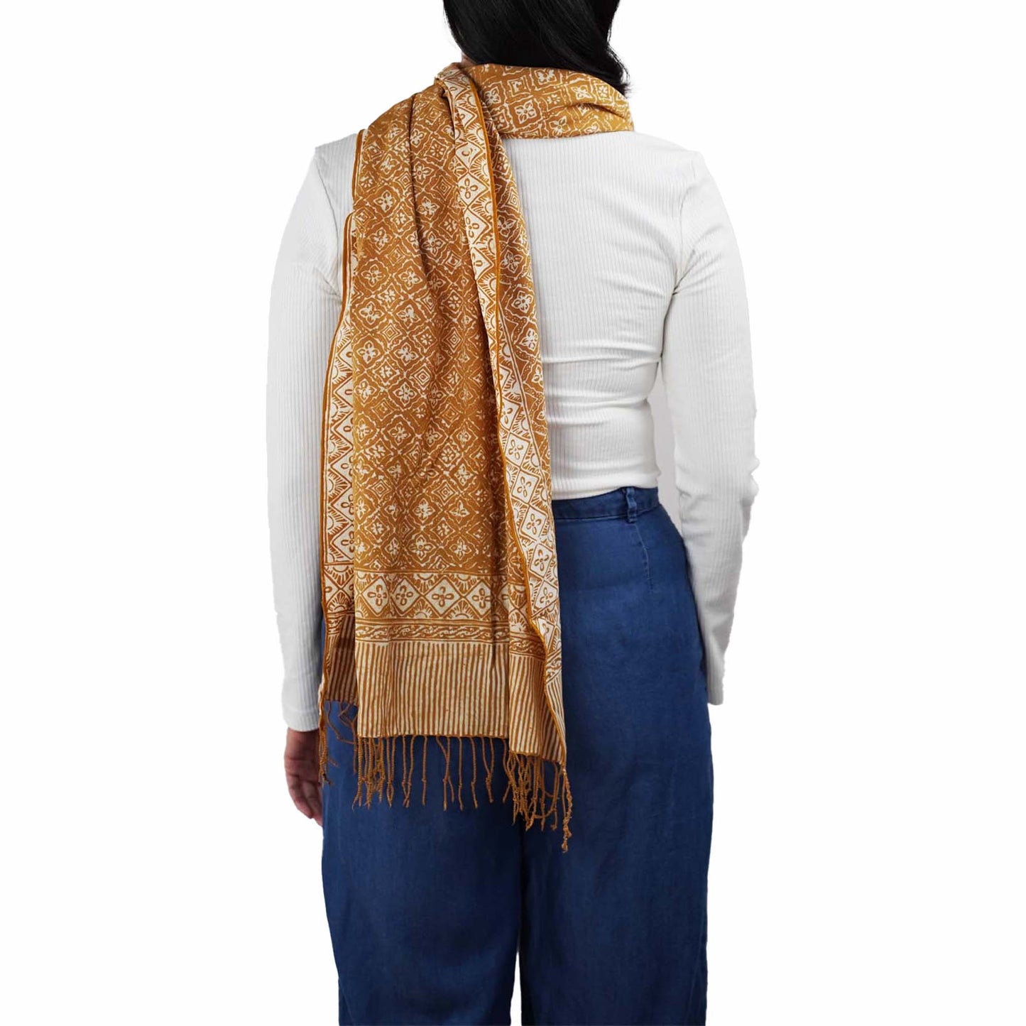 Handmade Batik Scarf, Soft Cotton, Frangipani, Kamboja, Yellow, Brown, Cream, Fall, Autumn