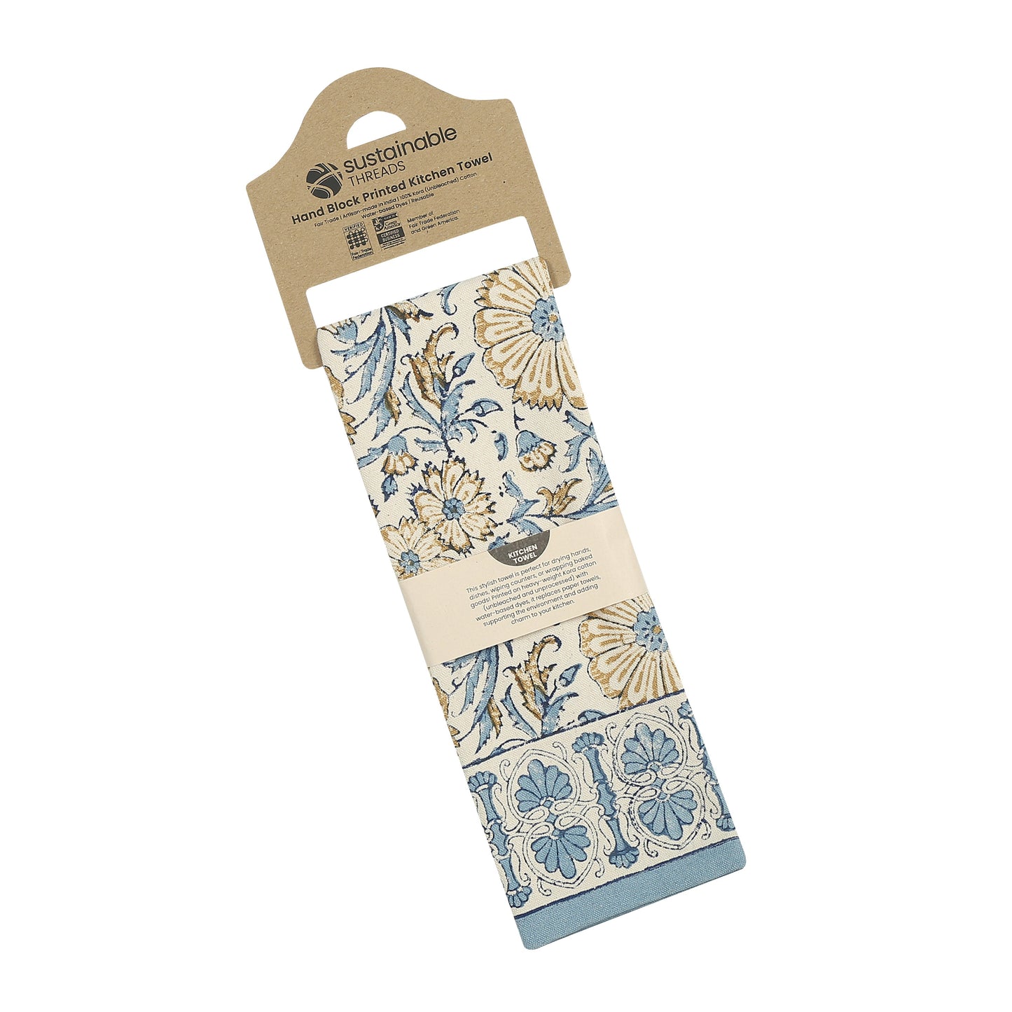 Bloom River - Set of 2. Hand Block Printed Kitchen Towels - Cotton - Fair Trade - Artisan Made