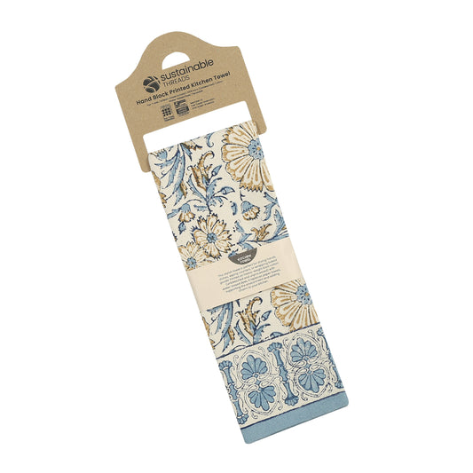 Bloom River - Set of 2. Hand Block Printed Kitchen Towels - Cotton - Fair Trade - Artisan Made