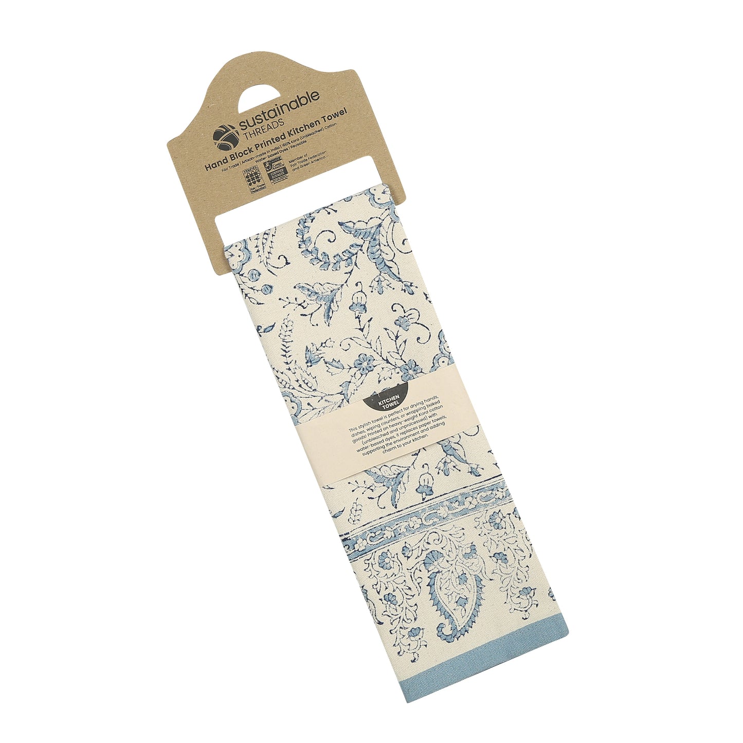 Bloom River - Set of 2. Hand Block Printed Kitchen Towels - Cotton - Fair Trade - Artisan Made