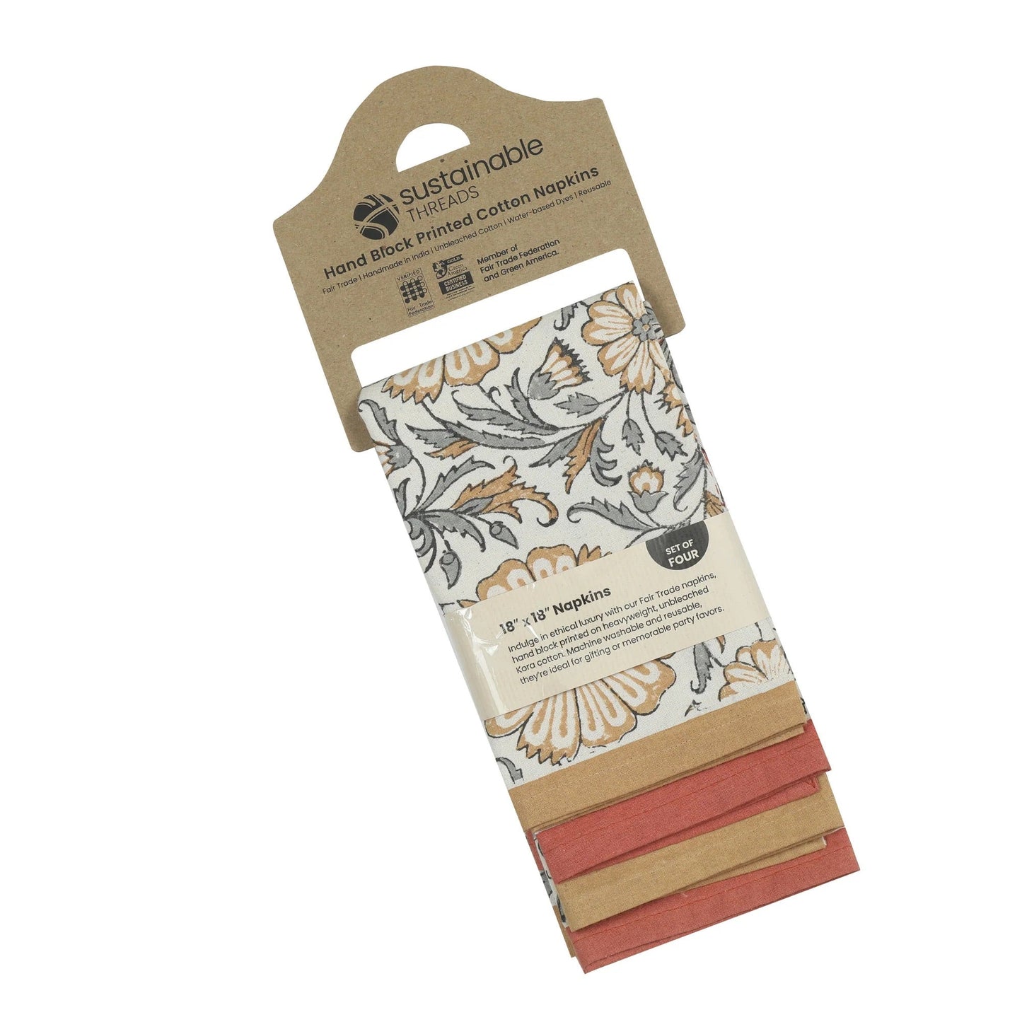 STREAMLINE 18"x18" Hand Block Printed Napkins - Set of 4. Cotton - Fair Trade - Artisan Made