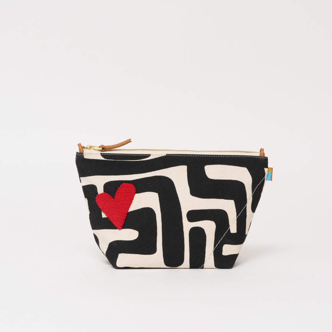 XLarge Convertible Pouch - Black Kuba with Red Beaded Heart