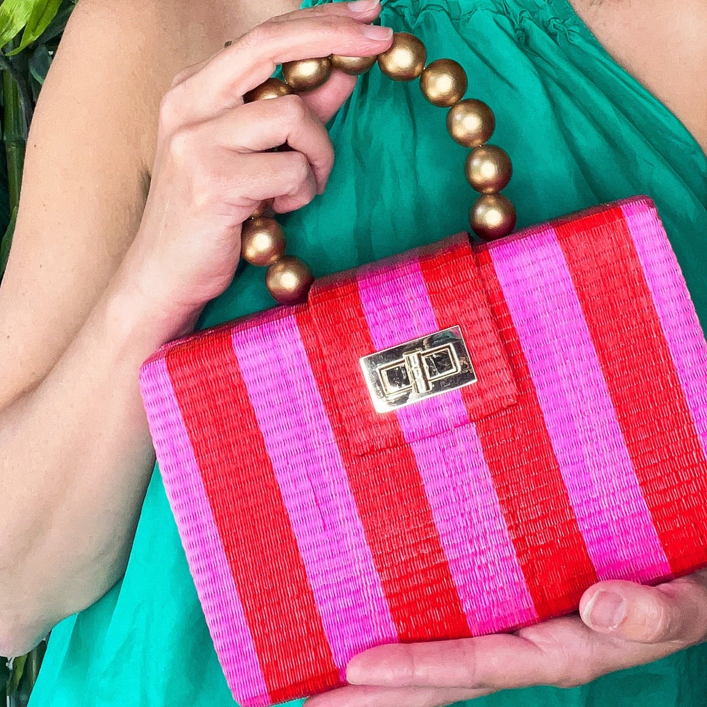 THE LOUISA Red & Pink Stripe Woven Straw Clutch Bag