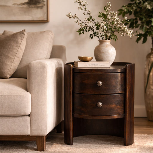 Solid Wood Velvet Mocha Round Side Table