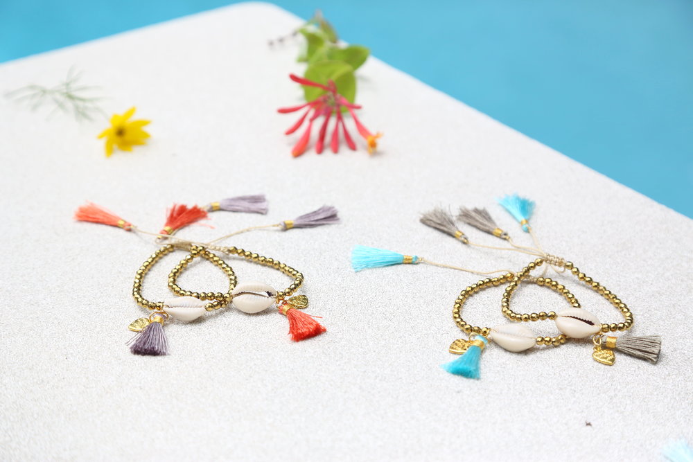 Beaded Shell Tassel Bracelet Aqua