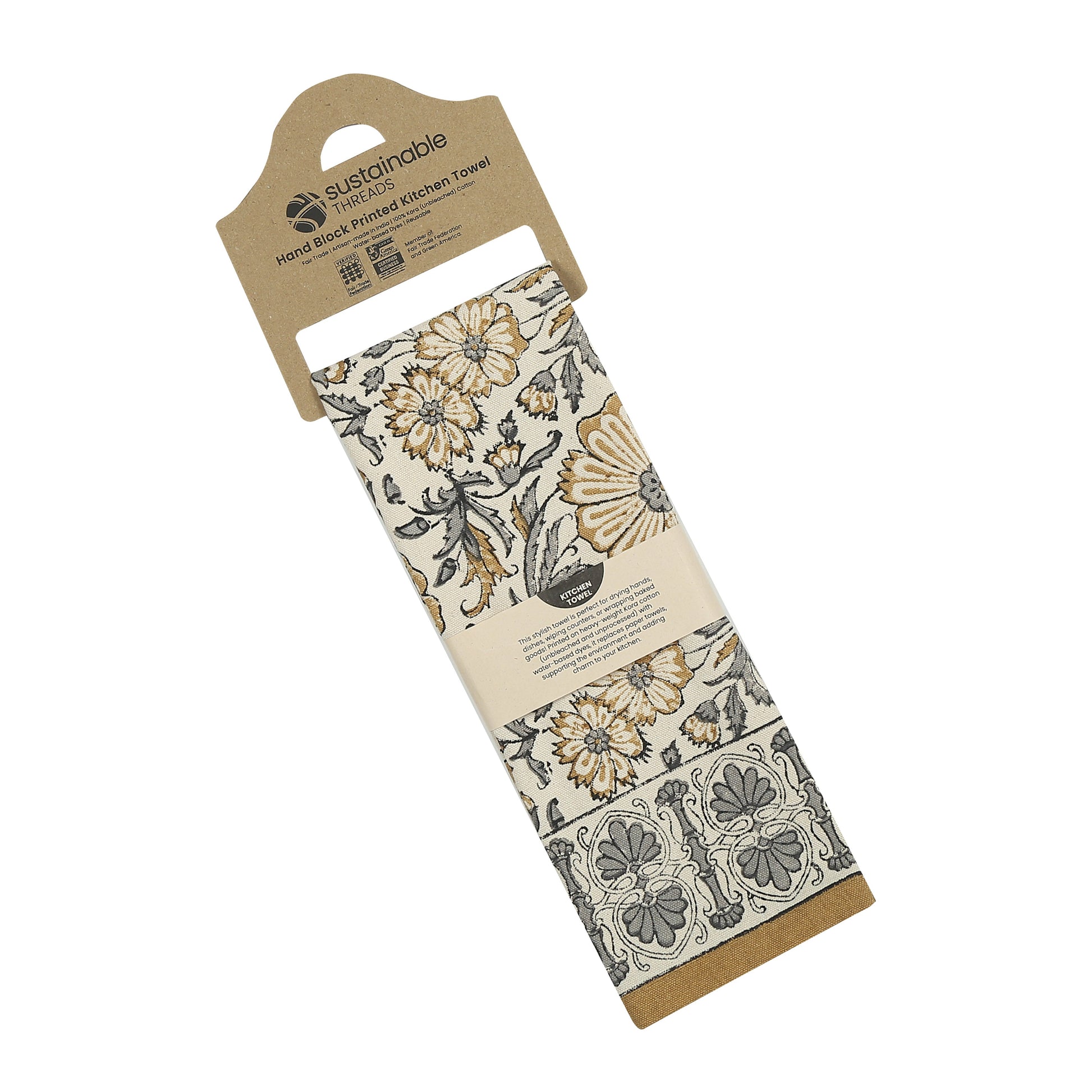 Bloom River - Set of 2. Hand Block Printed Kitchen Towels - Cotton - Fair Trade - Artisan Made