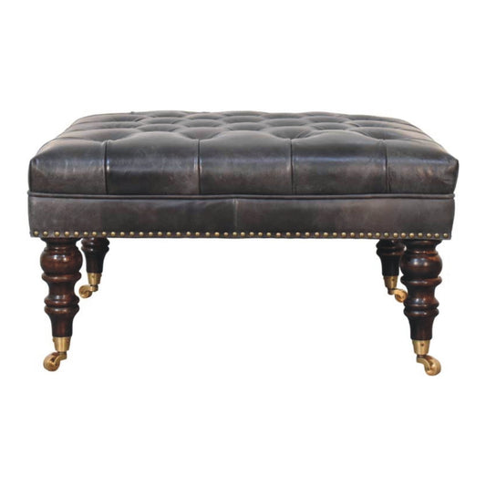 Solid Wood Black Leather Upholstered Ottoman