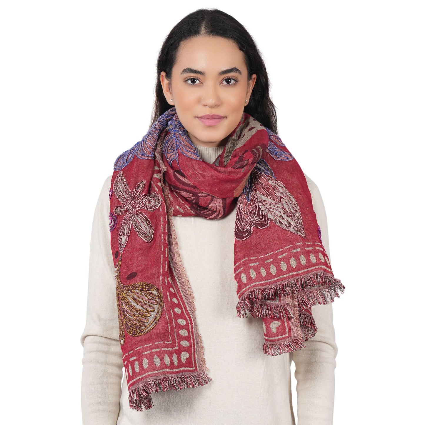 Canyon Petal Embroidered Scarf - Red