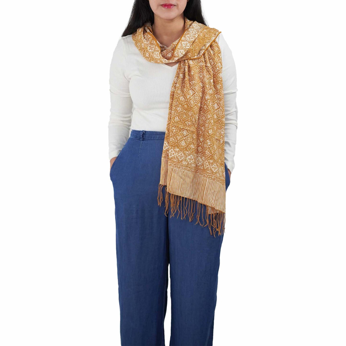 Handmade Batik Scarf, Soft Cotton, Frangipani, Kamboja, Yellow, Brown, Cream, Fall, Autumn