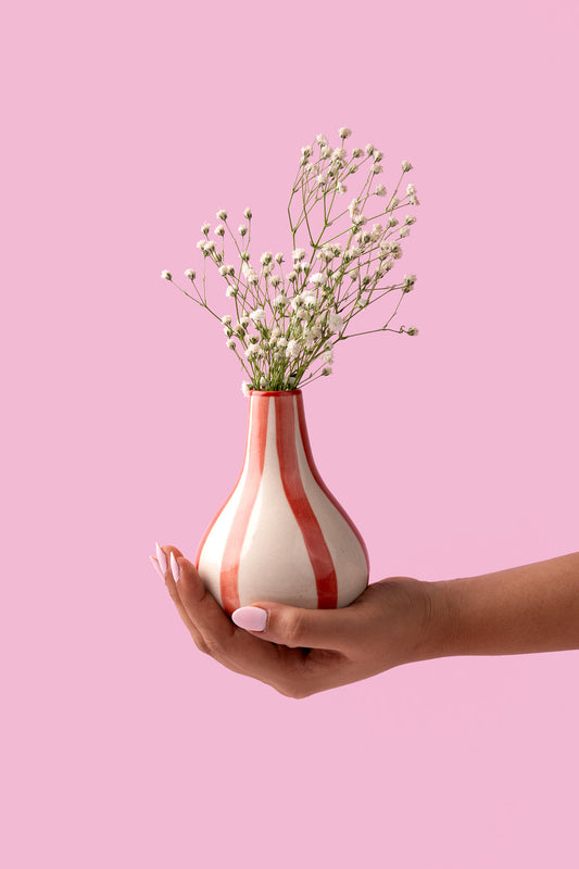 Ceramic Stripe  bud vase, Red -  3.5 x 3.5 x 4.75 Inches ( Set of 4 )