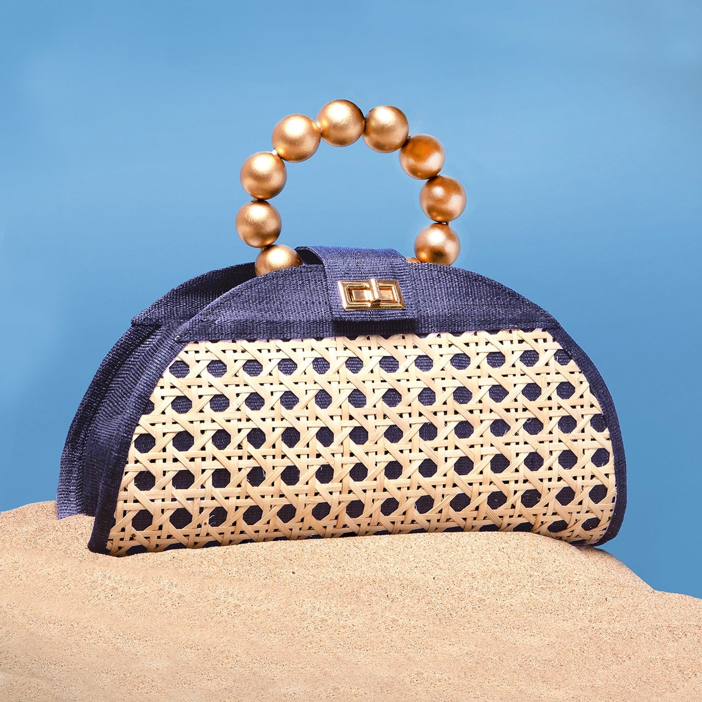 THE ISABELLA Navy Blue & Gold Rattan Woven Handbag
