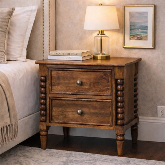 Solid Wood Spindle Beaded Bedside Table 2 Drawers Brown