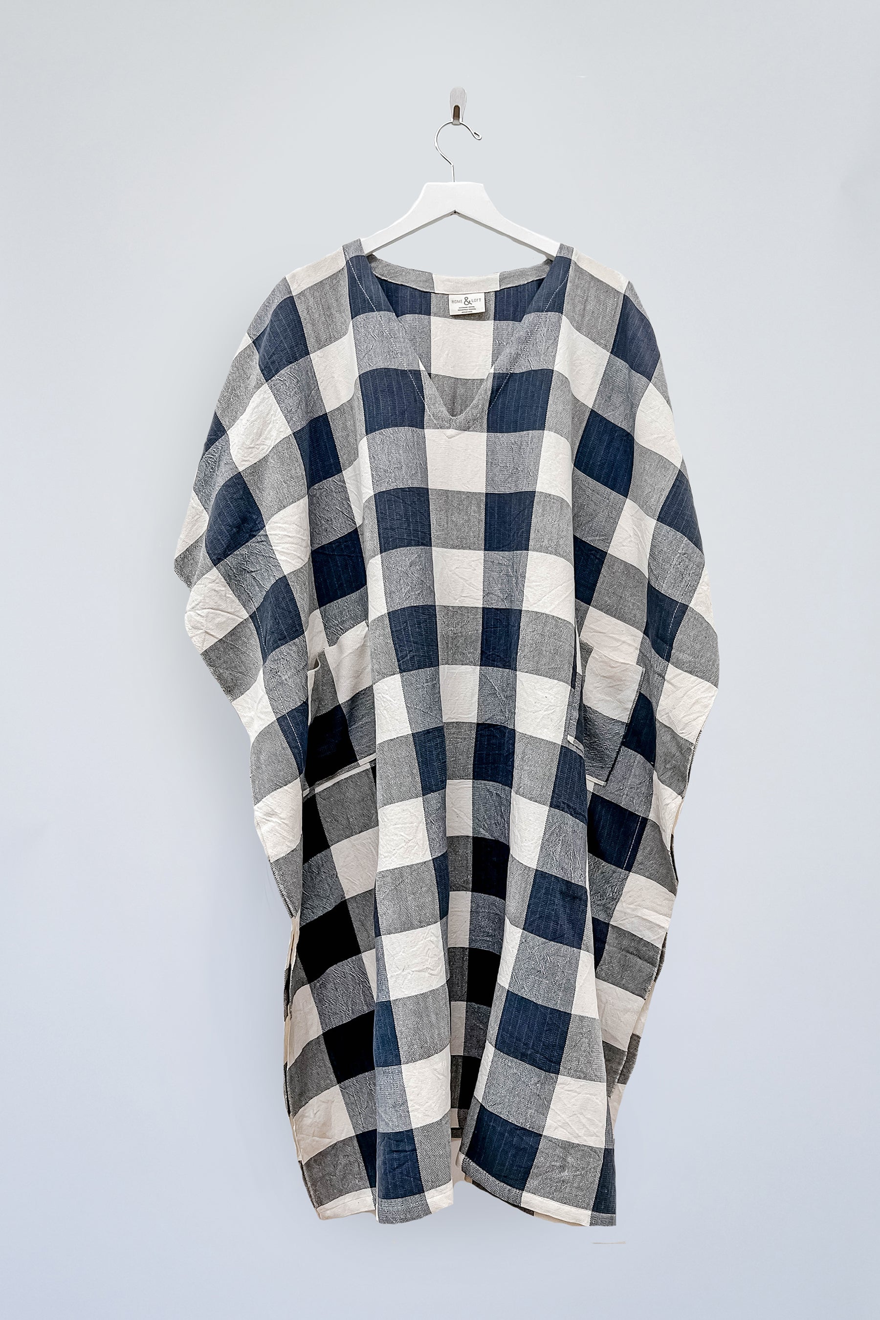Ivory Navy Gingham V-Neck Kaftan
