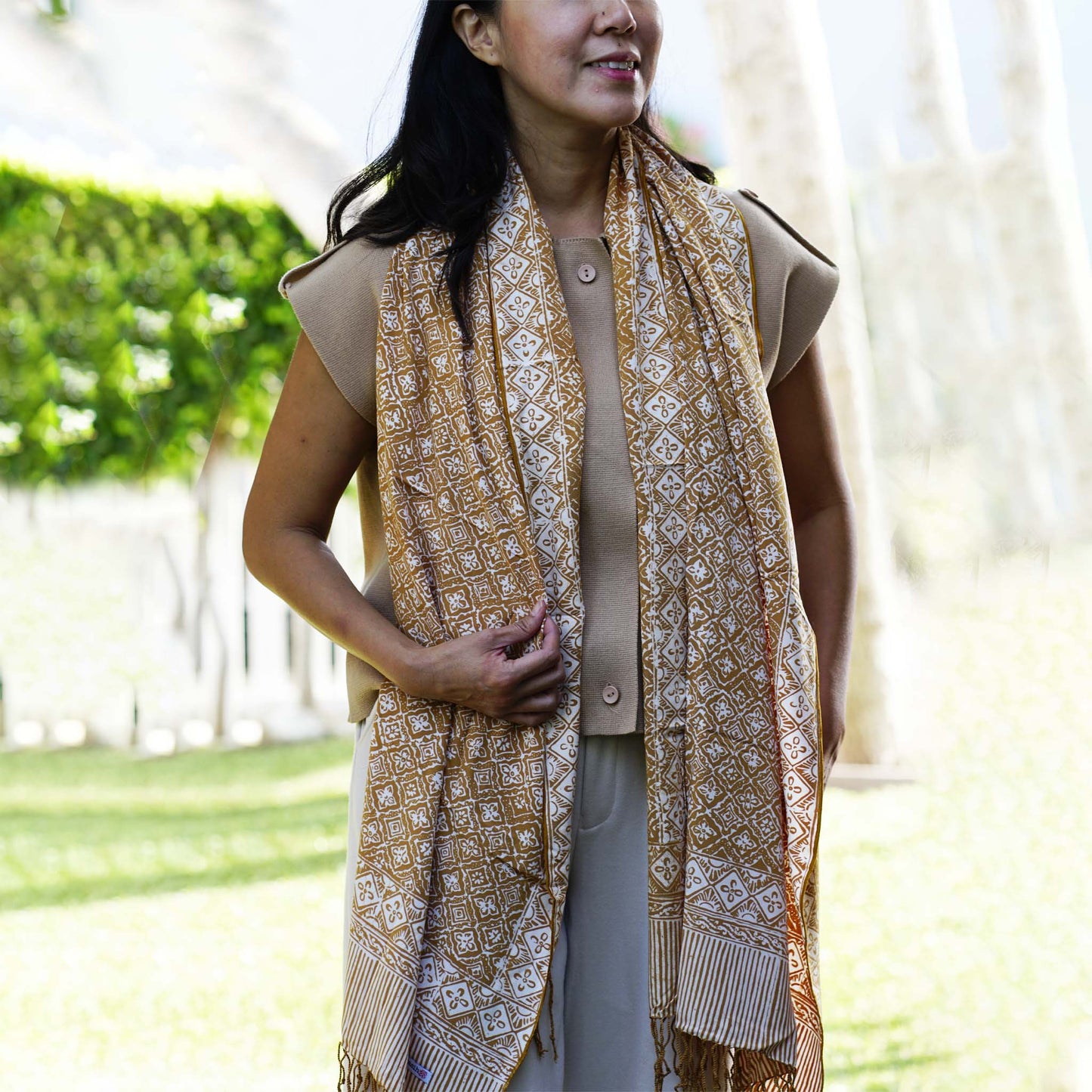 Handmade Batik Scarf, Soft Cotton, Frangipani, Kamboja, Yellow, Brown, Cream, Fall, Autumn