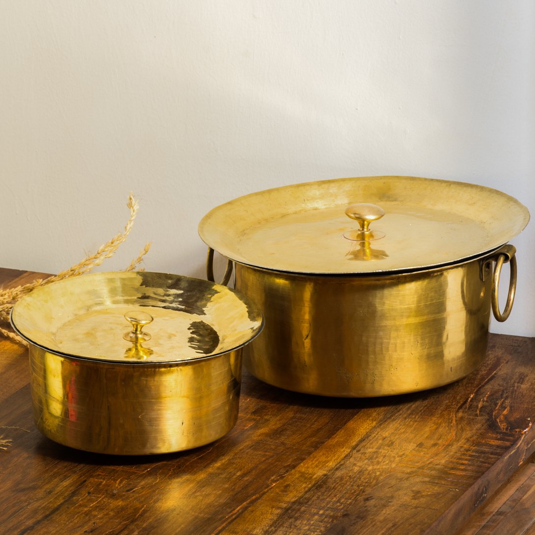 Set of 3 Brass Pots (Patila/ Topia) - 1 qt, 3.2 qt, 5.3 qt 6 Pieces Set