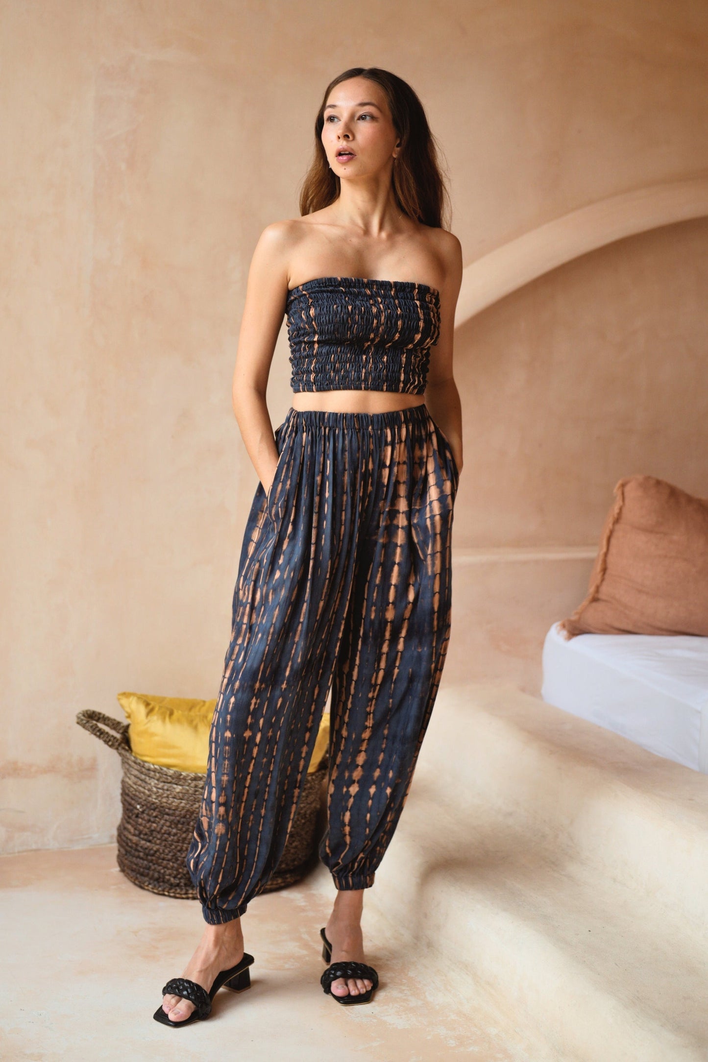 Jane Balloon Pants With Matching Tube Top Set in Deep Sea Blue