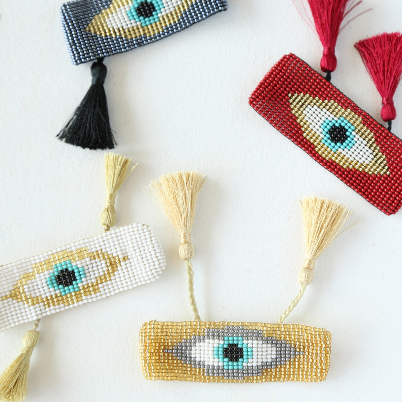 Evil Eye Tassel Bracelet Set White
