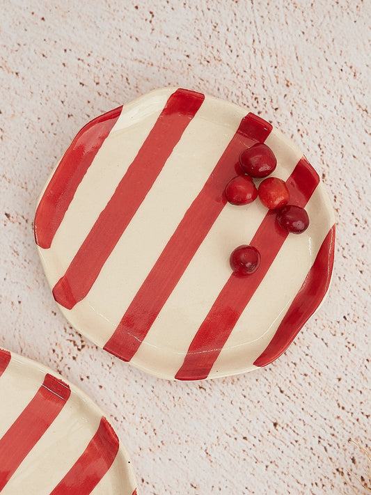 Ceramic Red stripe plate, 6.3x6.3 Inches ( Set of 2 )
