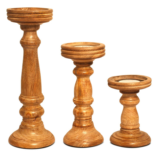 Chennai Mango Wood Candle Holders - Medium Polish, Set of 3