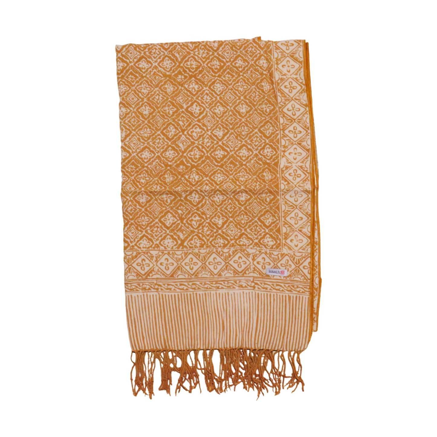 Handmade Batik Scarf, Soft Cotton, Frangipani, Kamboja, Yellow, Brown, Cream, Fall, Autumn