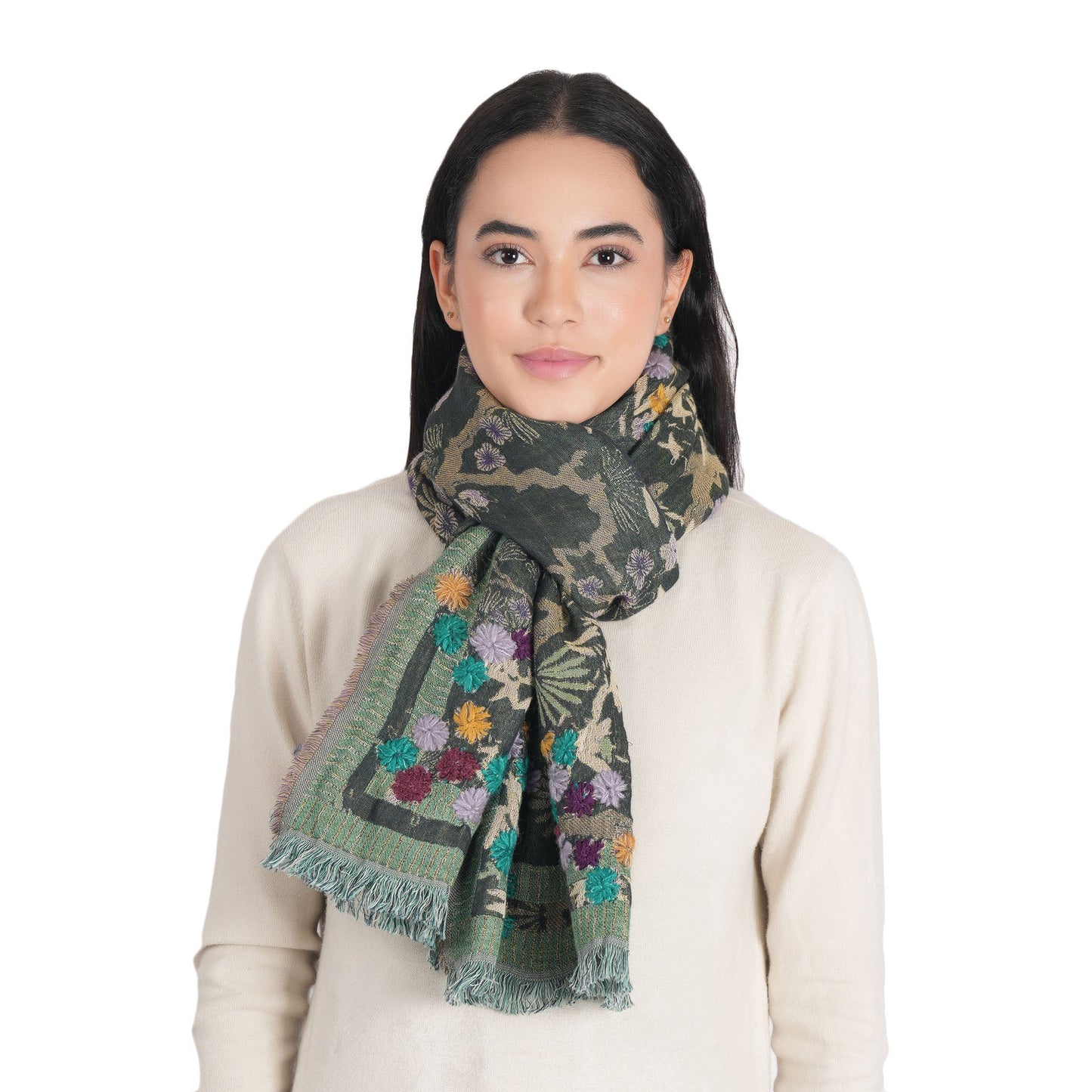 Botanica Embroidered Scarf - Dark Olive