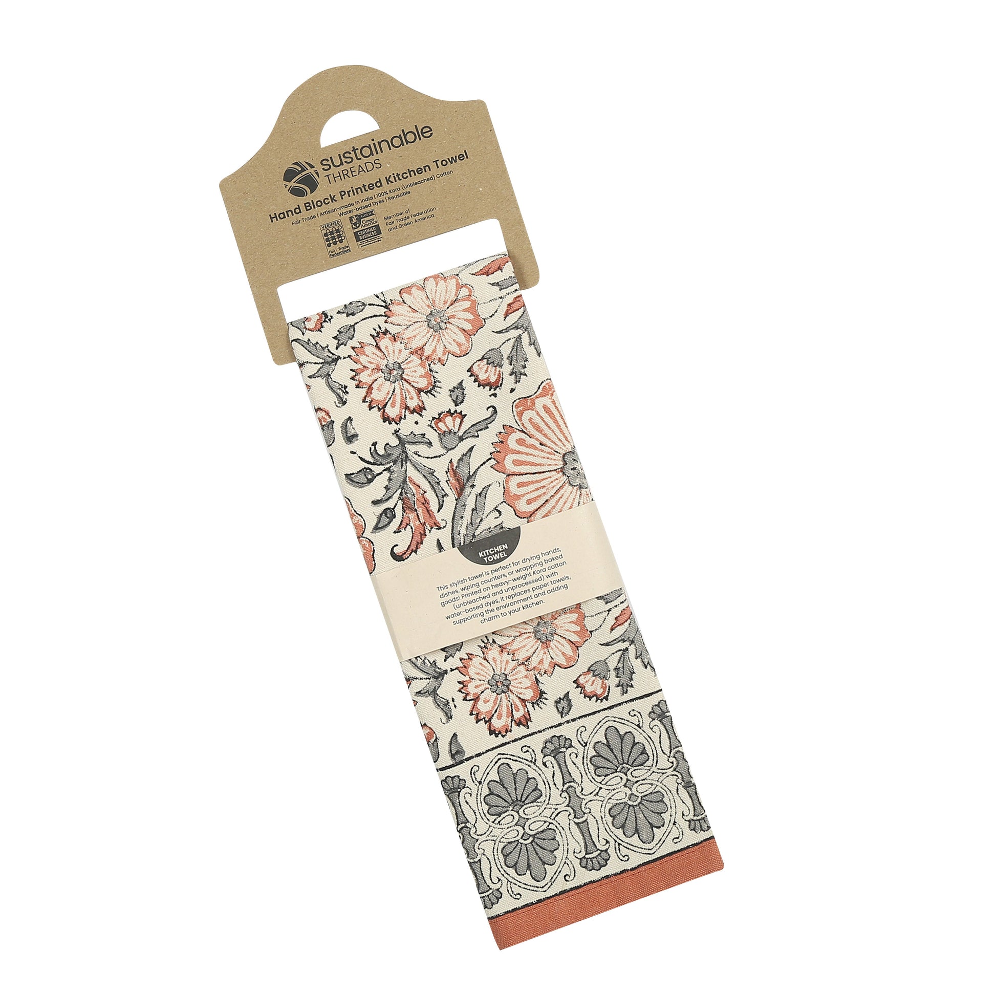 Bloom River - Set of 2. Hand Block Printed Kitchen Towels - Cotton - Fair Trade - Artisan Made