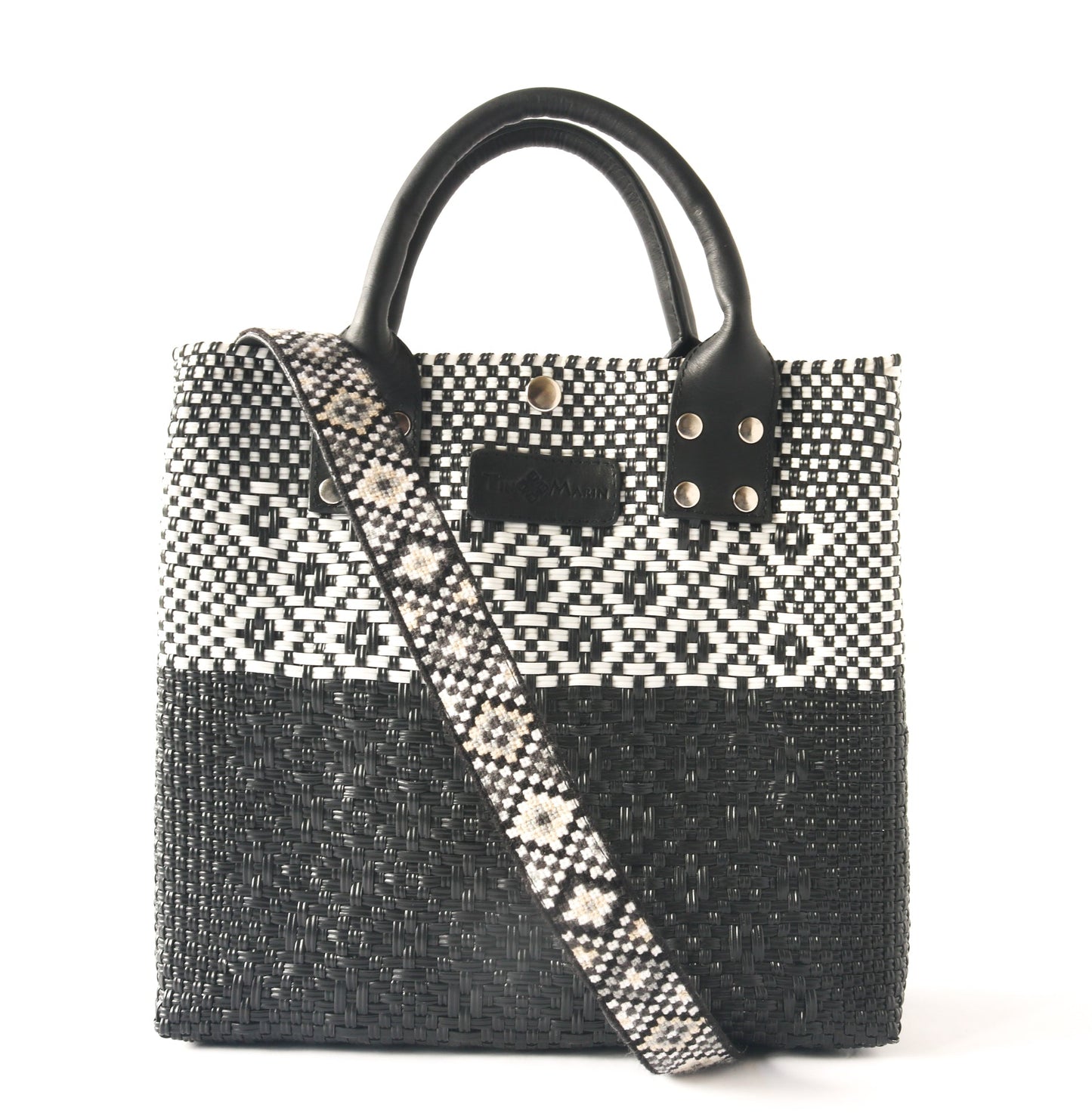 Tin Marin Black Large Woven Crossbody Bag - Black Leather