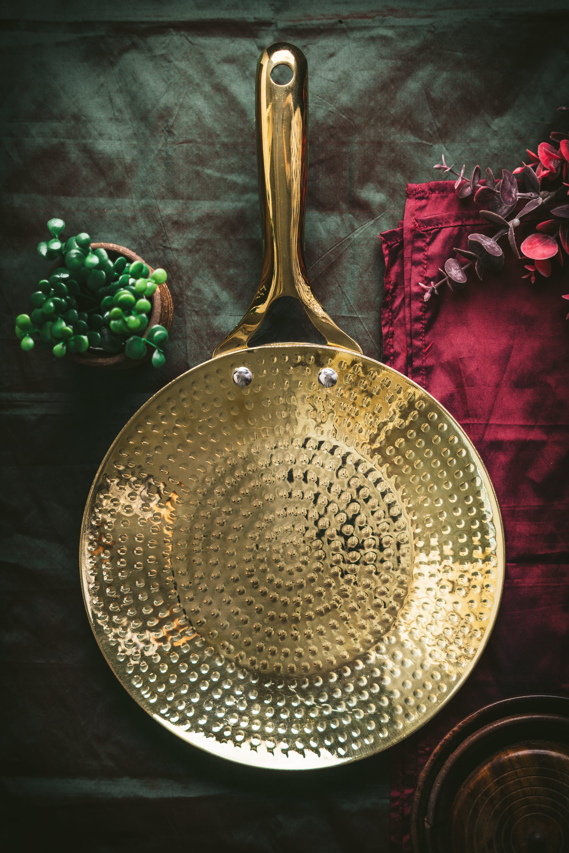 Brass Essentials Combo Set (Brass Roti Tawa with Insulated handle, Brass Ghee Pot, Brass Kadhai with Insulated handles & Glass lid)