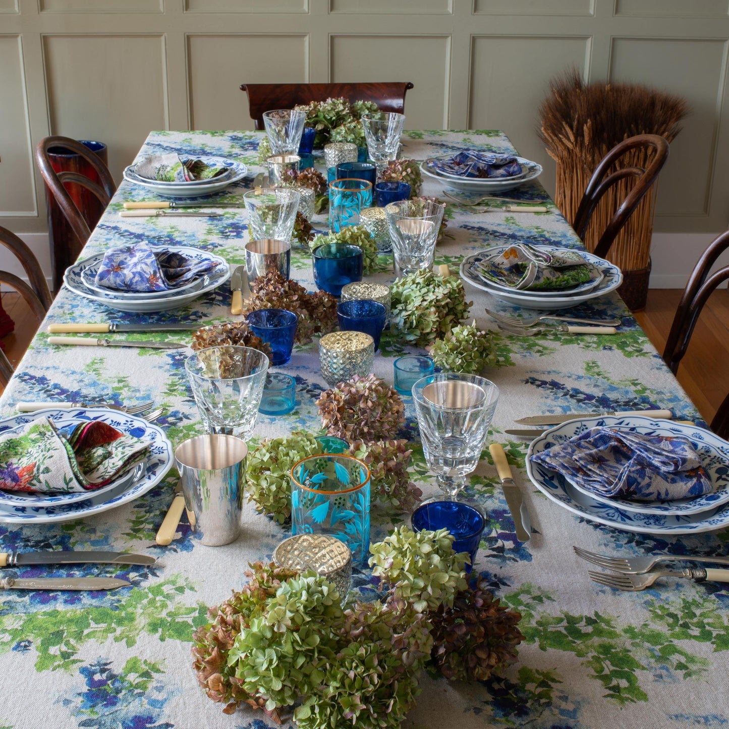Organic Linen Tablecloth in Blue and Green Wisteria Print