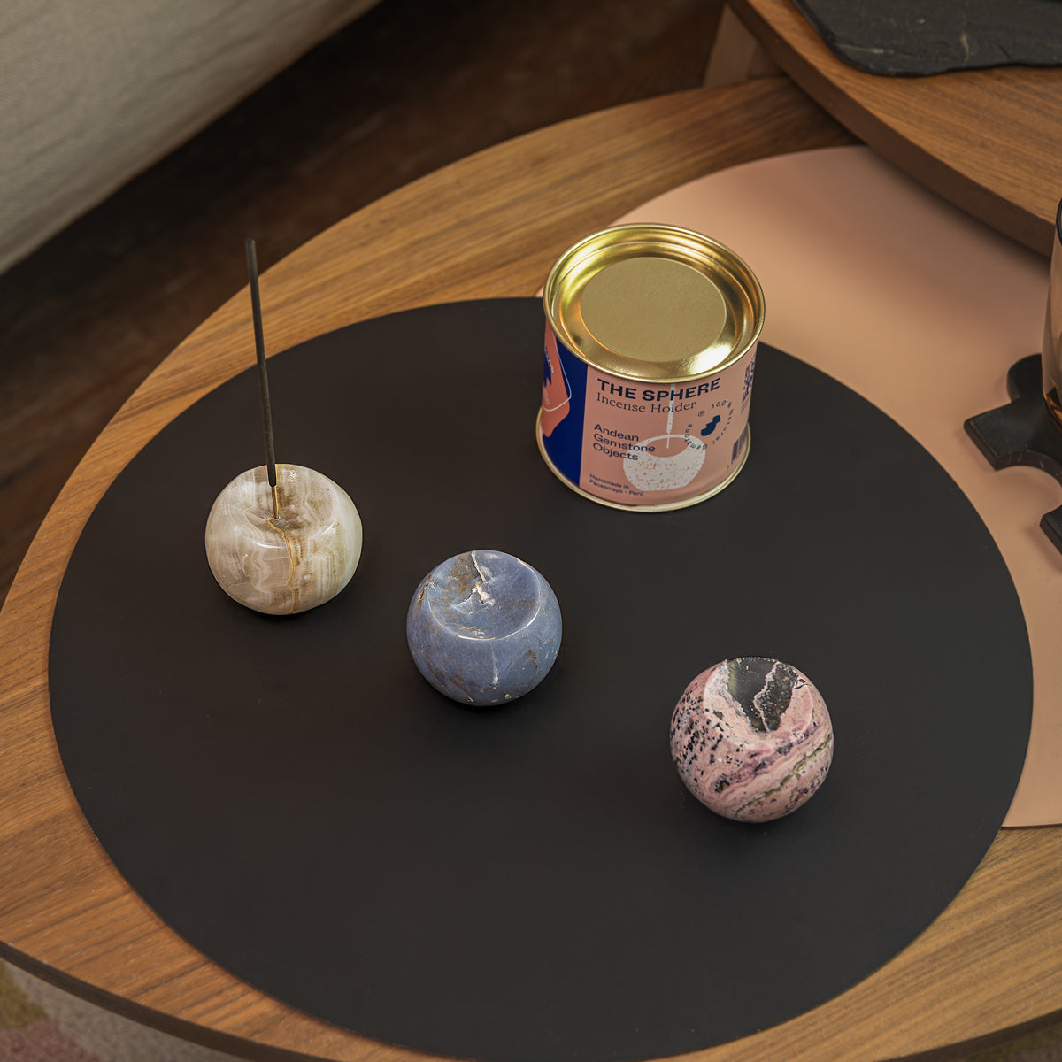 Gemstone sphere incense holder Celestine