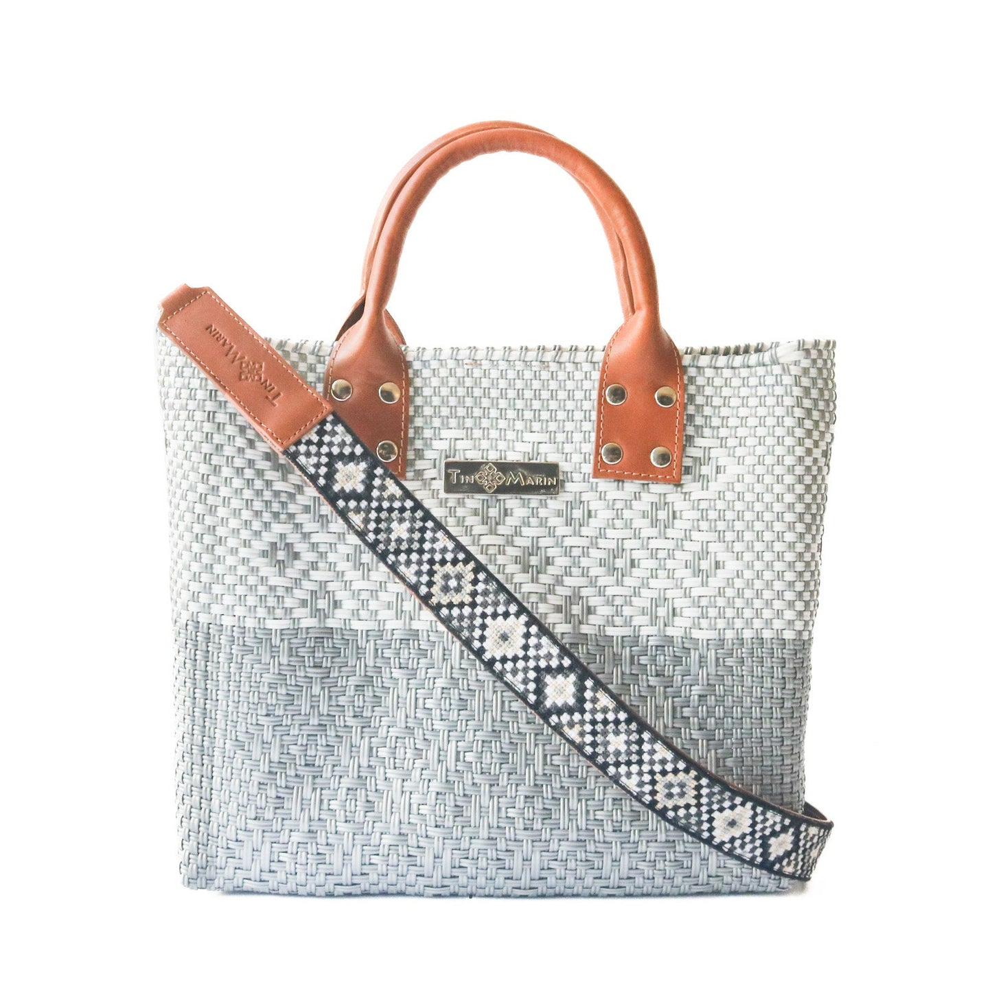 Tin Marin Grey Large Woven Crossbody Bag - Tan Leather