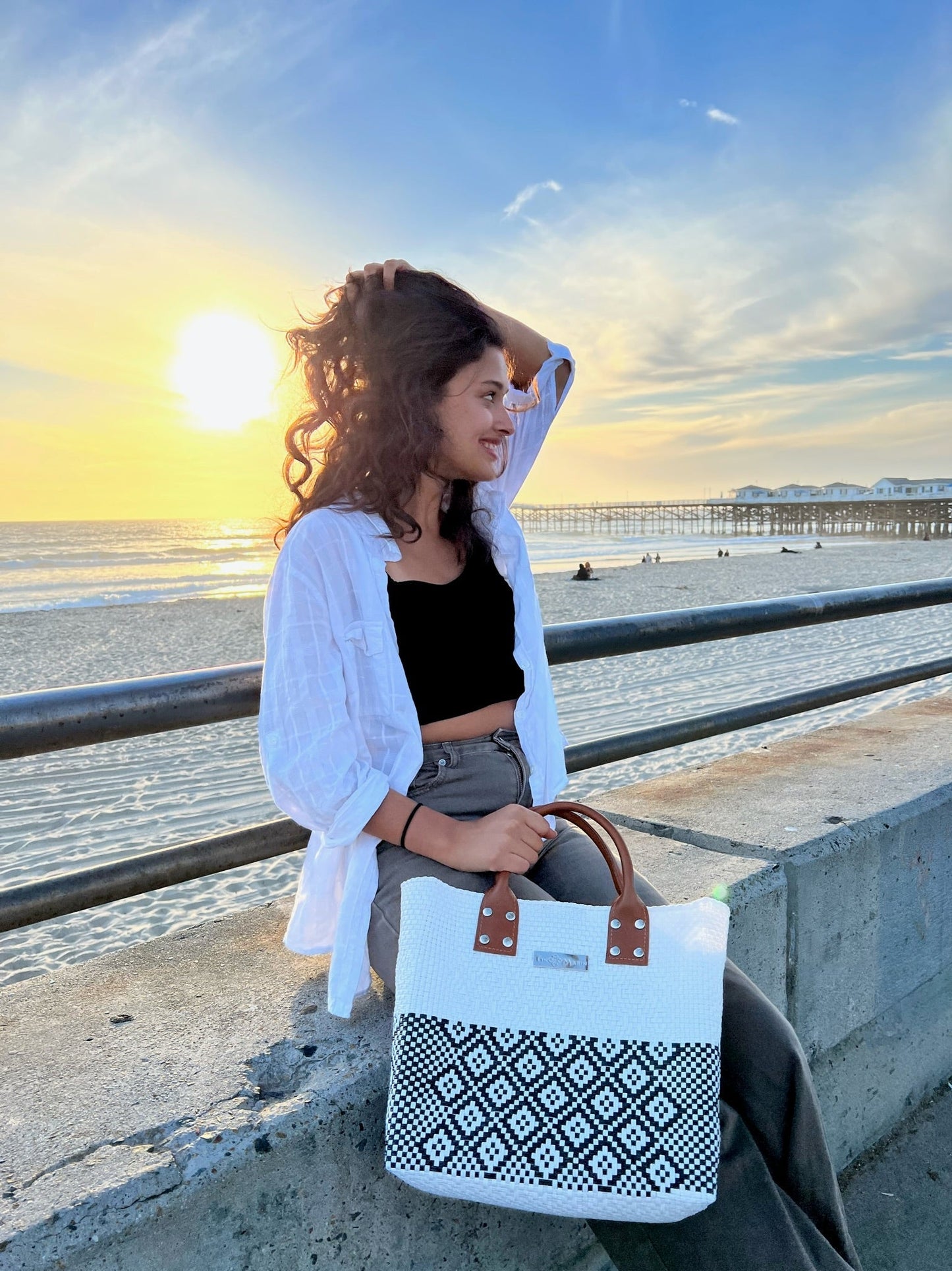 Tin Marin White Large Woven Crossbody Bag - Tan Leather