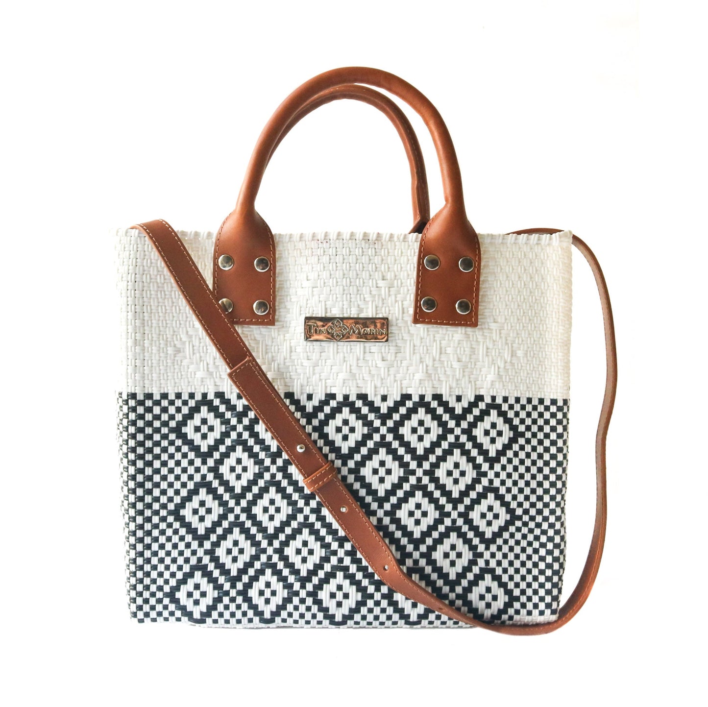 Tin Marin White Large Woven Crossbody Bag - Tan Leather
