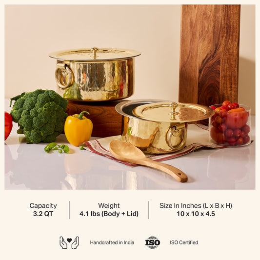 Set of 3 Brass Pots (Patila/ Topia) - 1 qt, 3.2 qt, 5.3 qt 6 Pieces Set