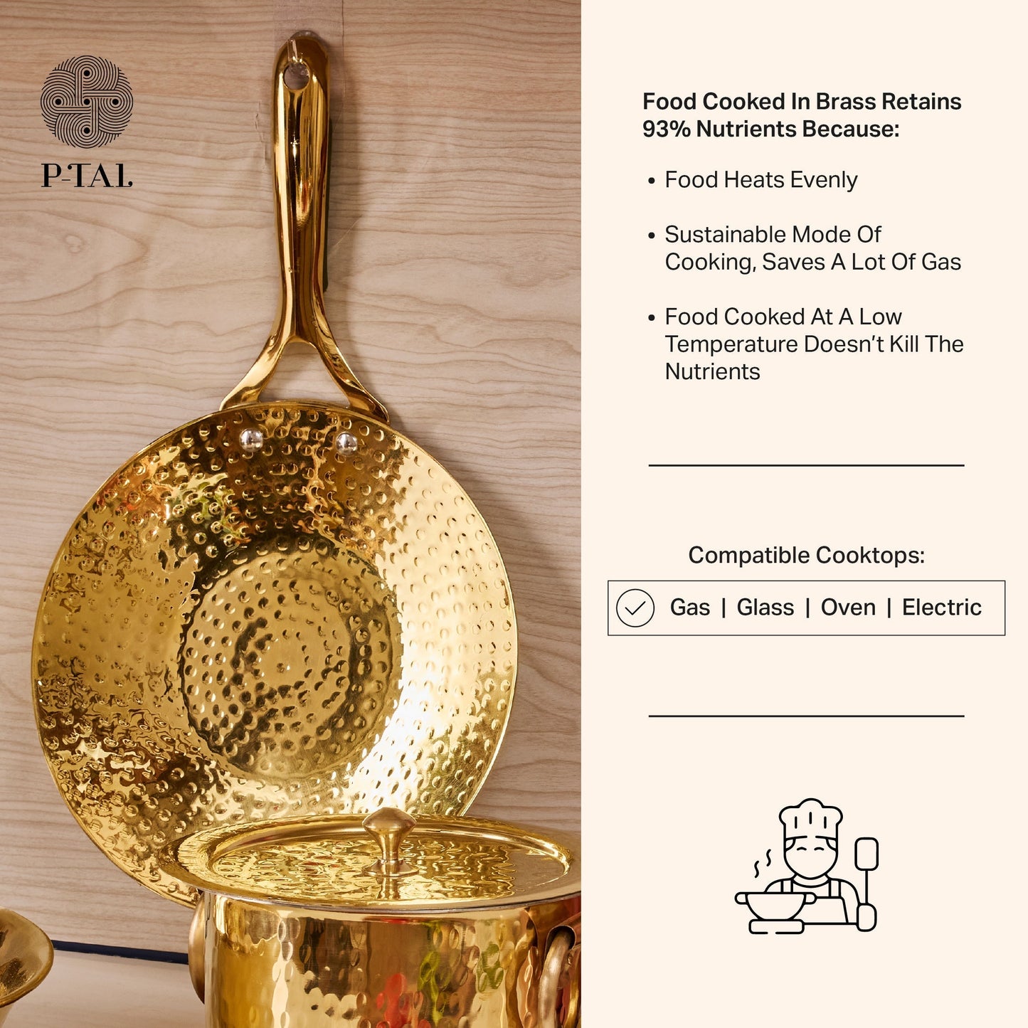 Brass Essentials Combo Set (Brass Roti Tawa with Insulated handle, Brass Ghee Pot, Brass Kadhai with Insulated handles & Glass lid)