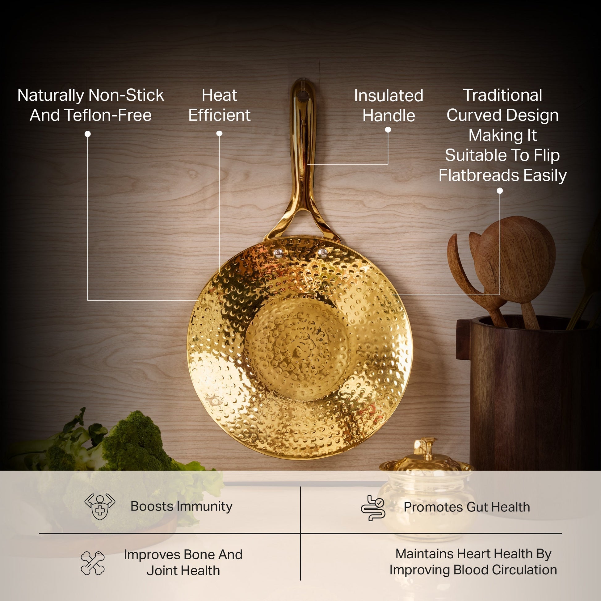 Brass Essentials Combo Set (Brass Roti Tawa with Insulated handle, Brass Ghee Pot, Brass Kadhai with Insulated handles & Glass lid)