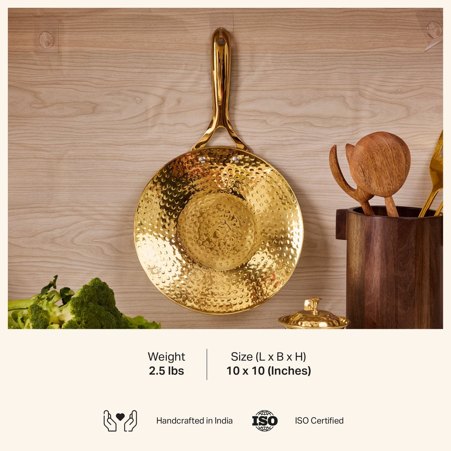 Brass Essentials Combo Set (Brass Roti Tawa with Insulated handle, Brass Ghee Pot, Brass Kadhai with Insulated handles & Glass lid)