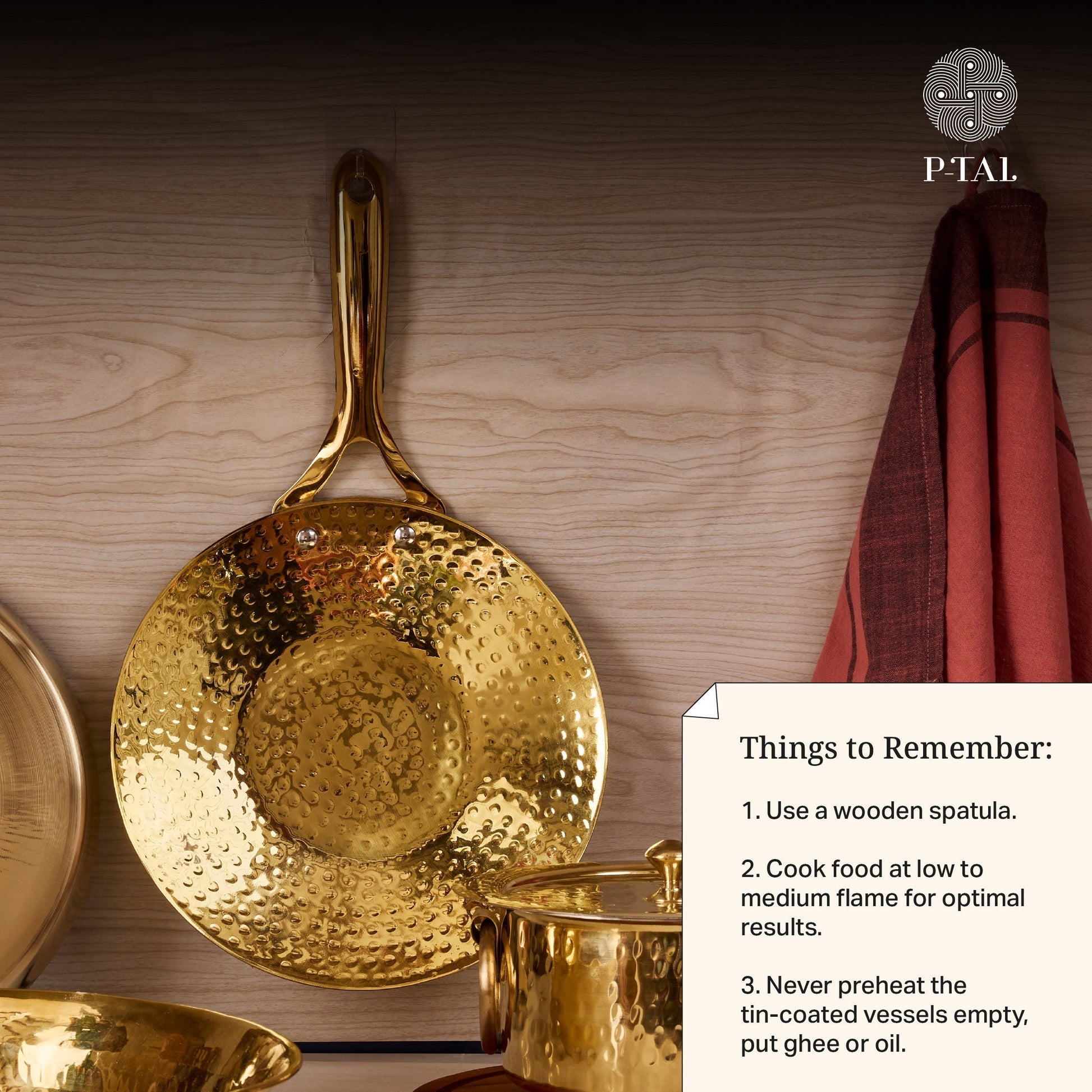 Brass Essentials Combo Set (Brass Roti Tawa with Insulated handle, Brass Ghee Pot, Brass Kadhai with Insulated handles & Glass lid)