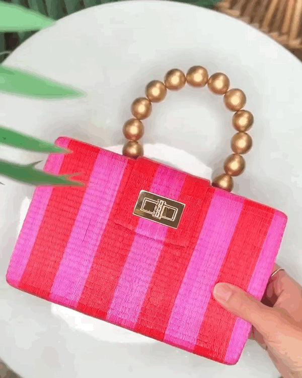 THE LOUISA Red & Pink Stripe Woven Straw Clutch Bag