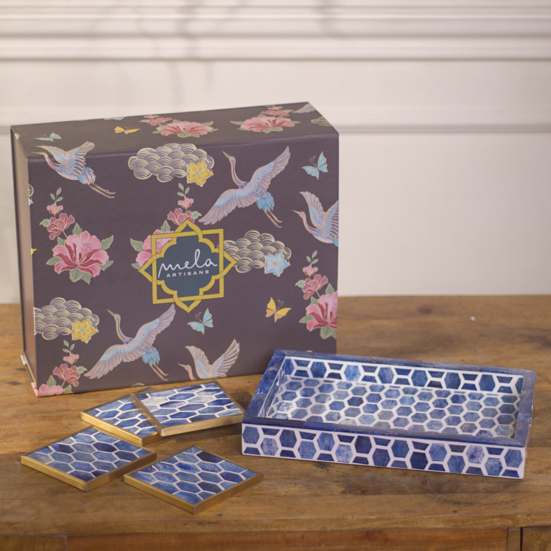 Gramercy Bone Inlay Tray & Coasters Gift Box Set