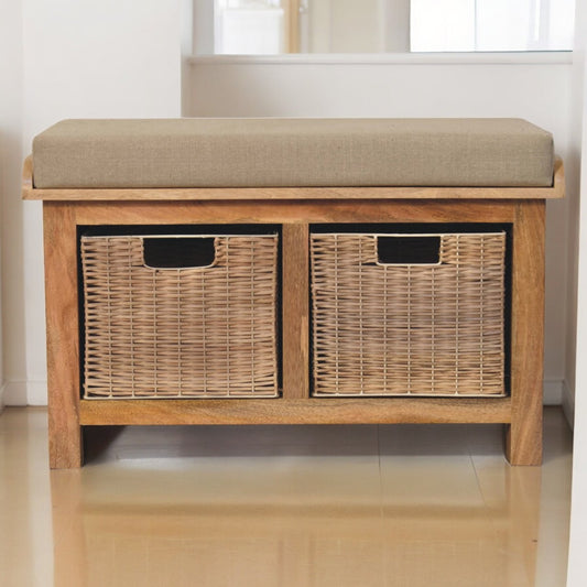 Solid Wood Rattan Basket Linen Upholstered Bench