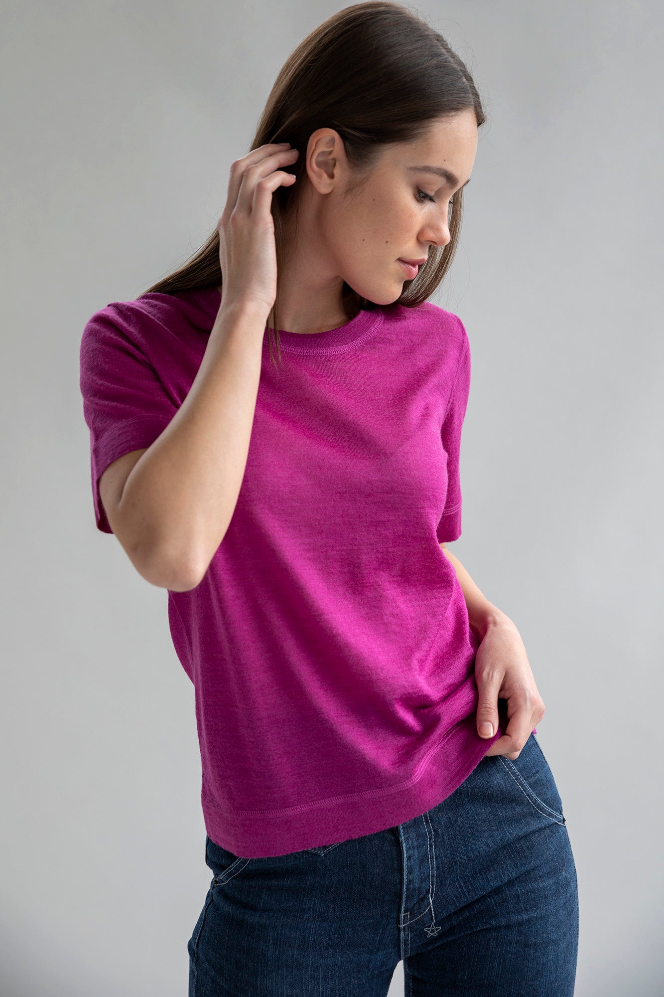 CREW NECK SWEATER TEE - FUCHSIA