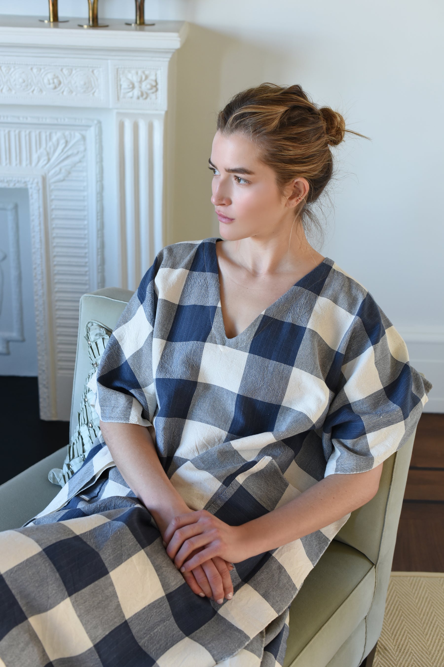 Ivory Navy Gingham V-Neck Kaftan