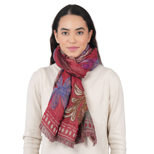 Canyon Petal Embroidered Scarf - Red