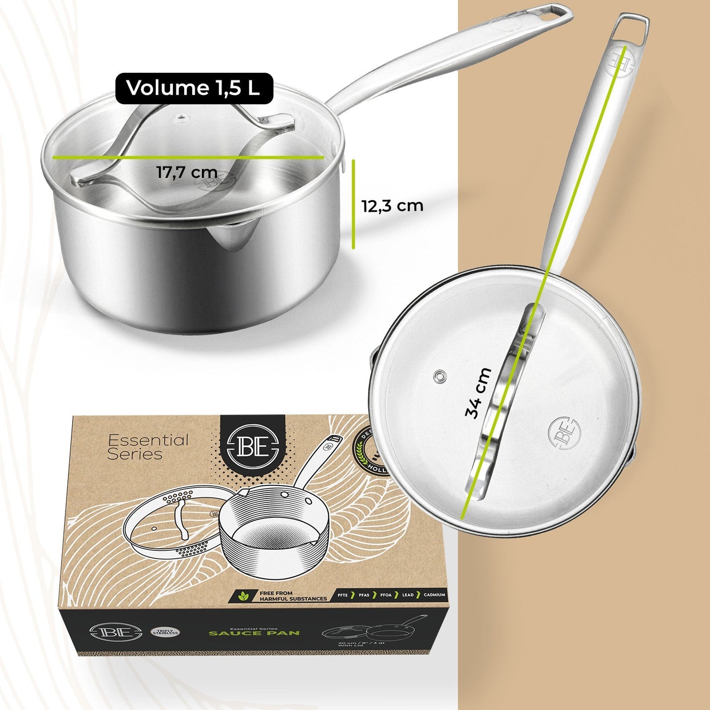 BE | LIVING Essential Series Stainless Steel Sauce Pan with Glass Lid - 16cm - BLCSP01016SS