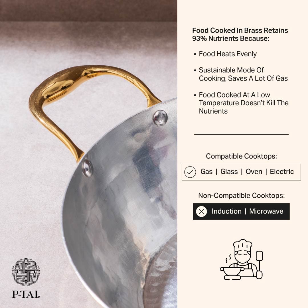 Set of 3 Brass Woks with Glass lids/Kadhai (Circular & Deep cooking/ serving Utensil) - 1L round, 3L round and 3L flat 6 Pieces Set
